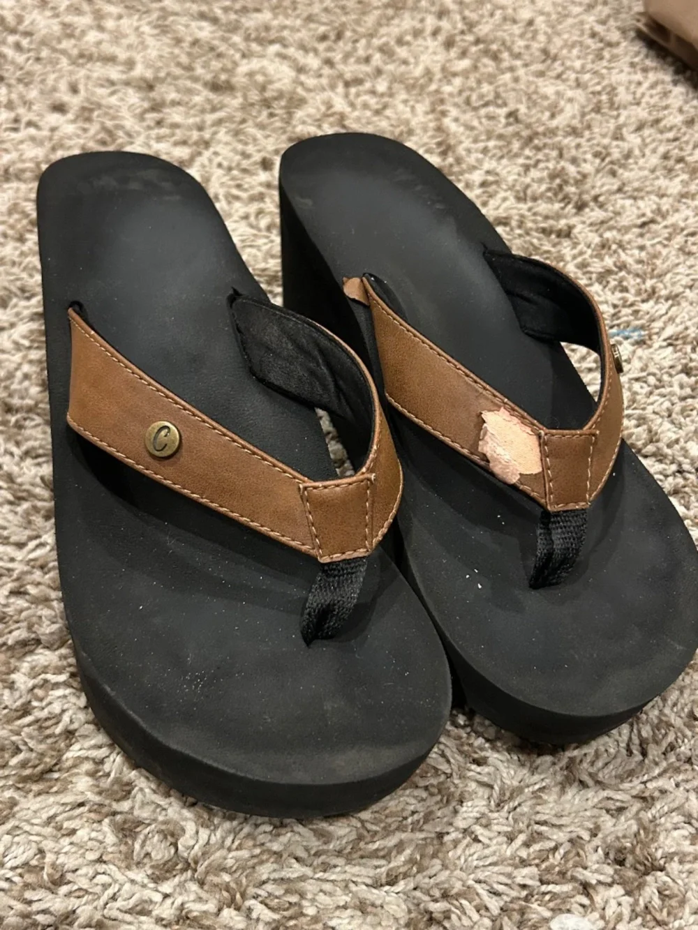 Vintage Y2K Black Platform Wedge Flip Flops Brown Straps Approx Size 7